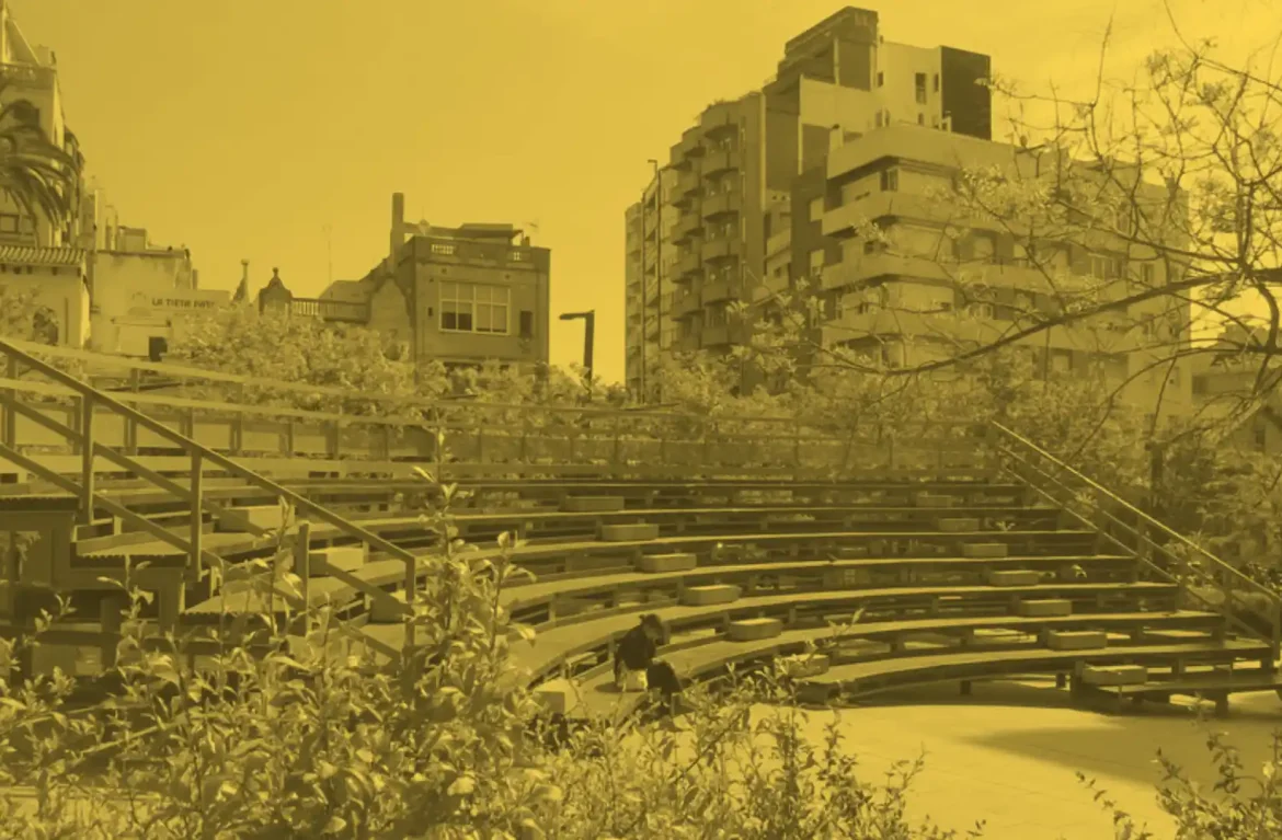 Grada de plaça Lesseps, sobre fons groc.